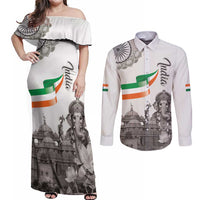 India Ganesha and Akshardham Couples Matching Off Shoulder Maxi Dress and Long Sleeve Button Shirt Lord Ganpati Lotus Flag Style - Wonder Print Shop