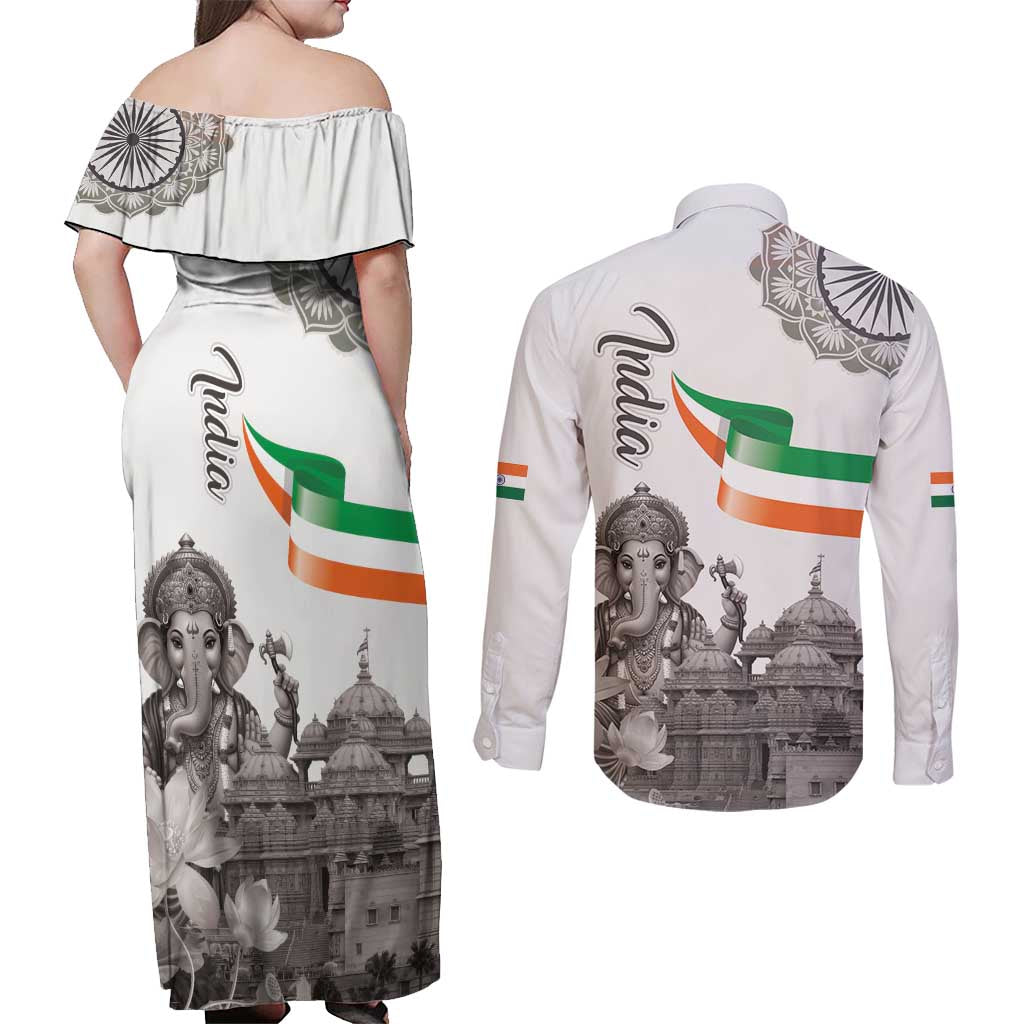 India Ganesha and Akshardham Couples Matching Off Shoulder Maxi Dress and Long Sleeve Button Shirt Lord Ganpati Lotus Flag Style - Wonder Print Shop