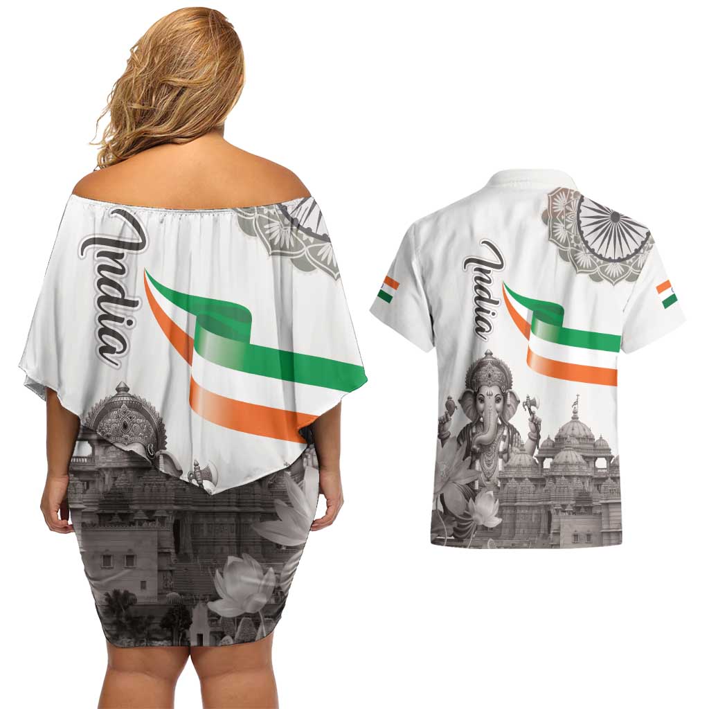 India Ganesha and Akshardham Couples Matching Off Shoulder Short Dress and Hawaiian Shirt Lord Ganpati Lotus Flag Style - Wonder Print Shop
