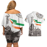 India Ganesha and Akshardham Couples Matching Off Shoulder Short Dress and Hawaiian Shirt Lord Ganpati Lotus Flag Style - Wonder Print Shop
