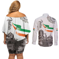 India Ganesha and Akshardham Couples Matching Off Shoulder Short Dress and Long Sleeve Button Shirt Lord Ganpati Lotus Flag Style - Wonder Print Shop