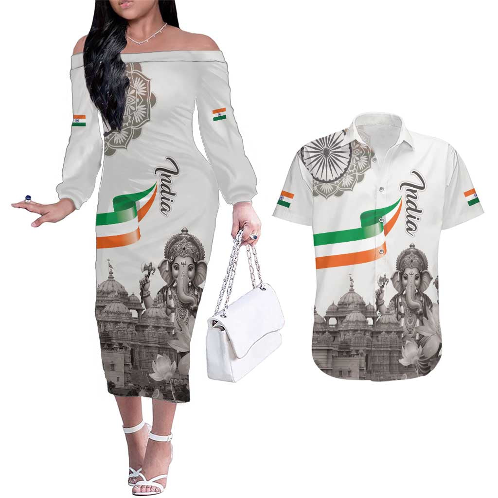 India Ganesha and Akshardham Couples Matching Off The Shoulder Long Sleeve Dress and Hawaiian Shirt Lord Ganpati Lotus Flag Style - Wonder Print Shop