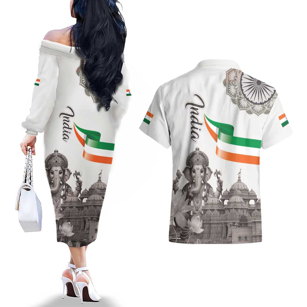 India Ganesha and Akshardham Couples Matching Off The Shoulder Long Sleeve Dress and Hawaiian Shirt Lord Ganpati Lotus Flag Style - Wonder Print Shop