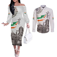 India Ganesha and Akshardham Couples Matching Off The Shoulder Long Sleeve Dress and Long Sleeve Button Shirt Lord Ganpati Lotus Flag Style - Wonder Print Shop