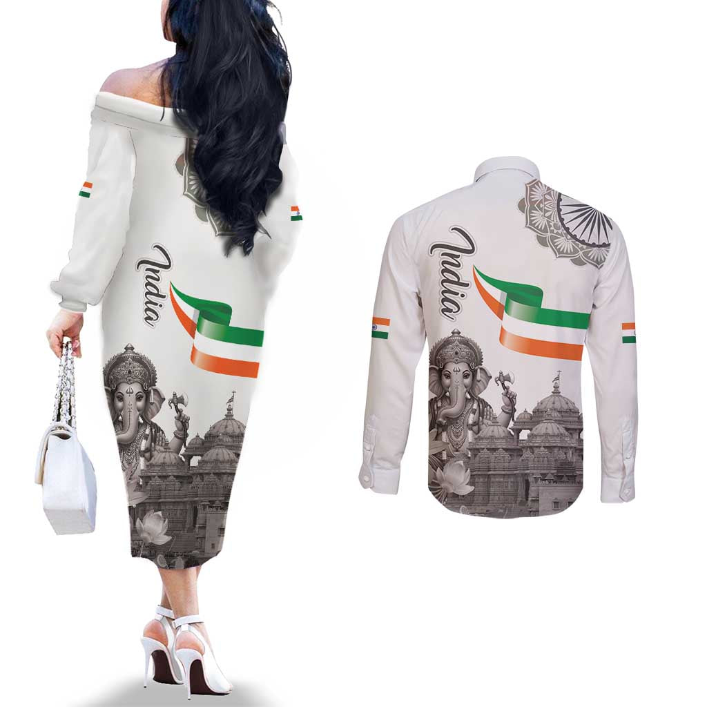 India Ganesha and Akshardham Couples Matching Off The Shoulder Long Sleeve Dress and Long Sleeve Button Shirt Lord Ganpati Lotus Flag Style - Wonder Print Shop