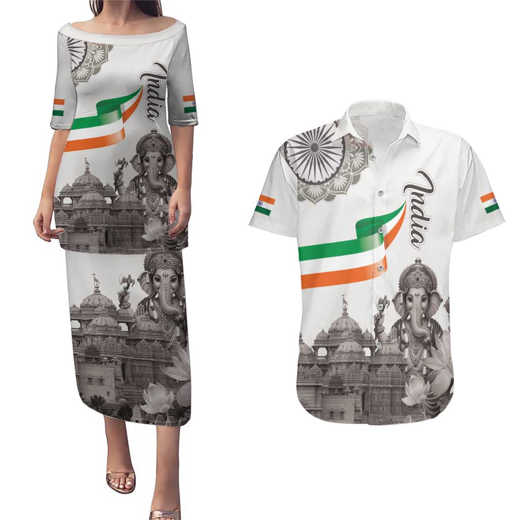 India Ganesha and Akshardham Couples Matching Puletasi and Hawaiian Shirt Lord Ganpati Lotus Flag Style - Wonder Print Shop