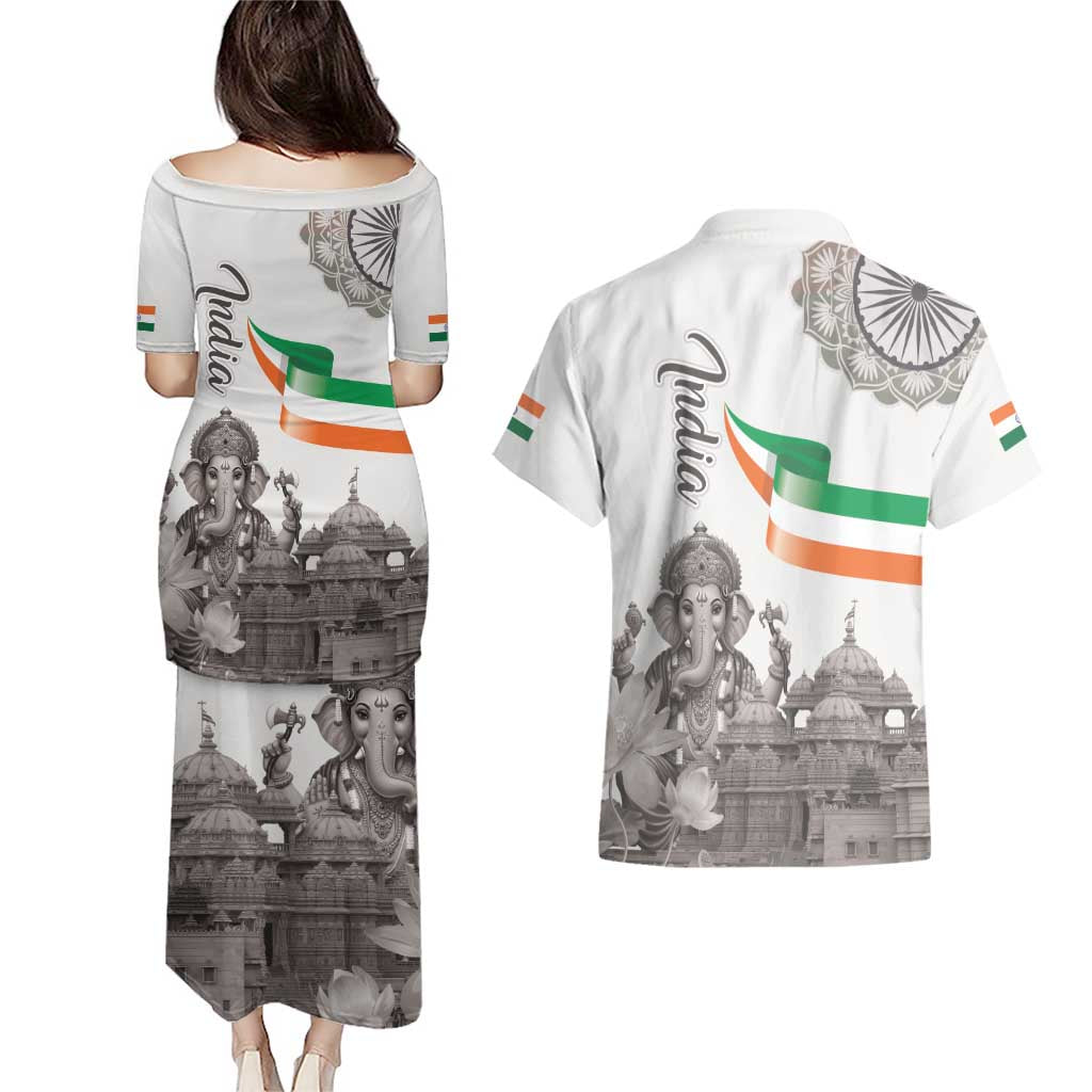 India Ganesha and Akshardham Couples Matching Puletasi and Hawaiian Shirt Lord Ganpati Lotus Flag Style - Wonder Print Shop