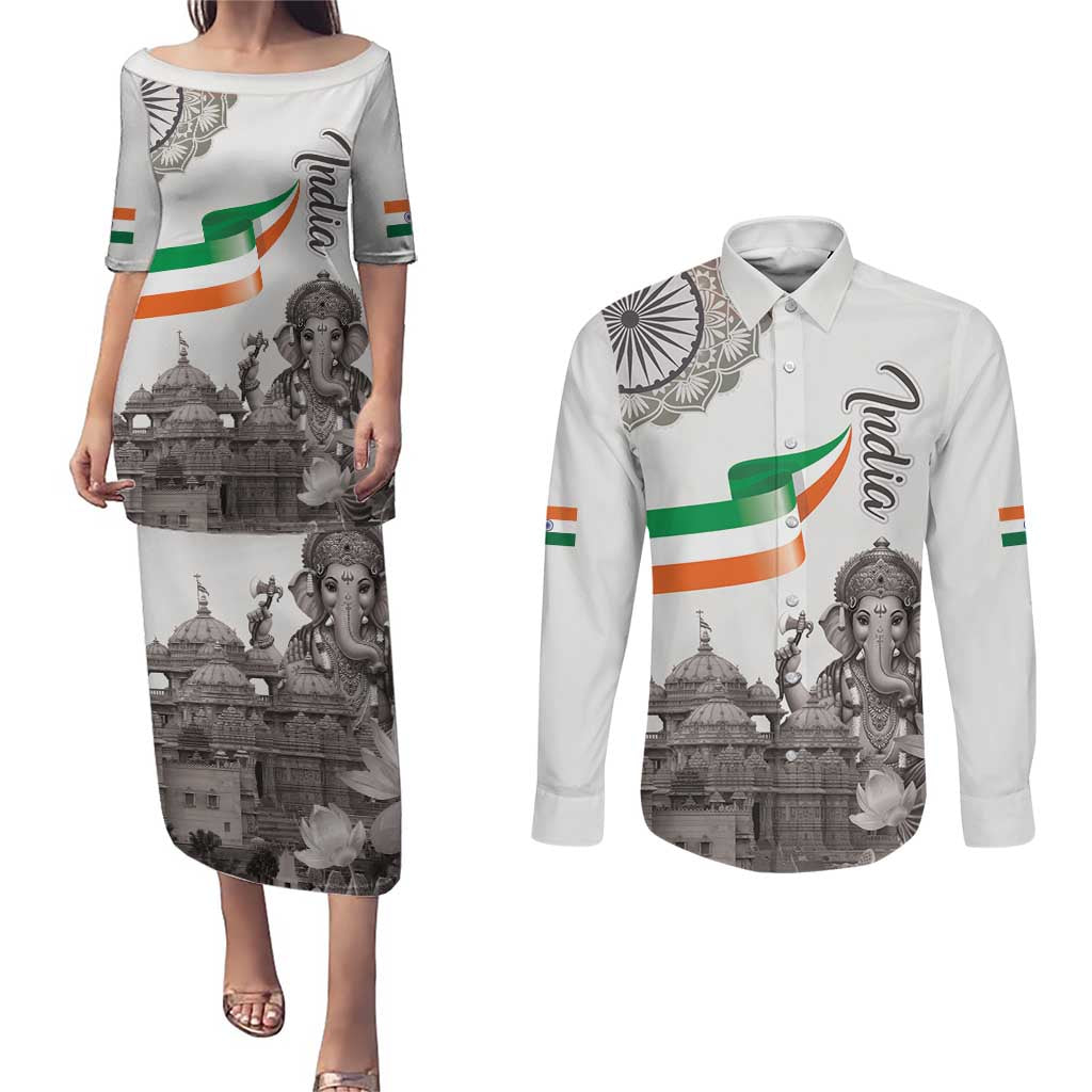 India Ganesha and Akshardham Couples Matching Puletasi and Long Sleeve Button Shirt Lord Ganpati Lotus Flag Style - Wonder Print Shop