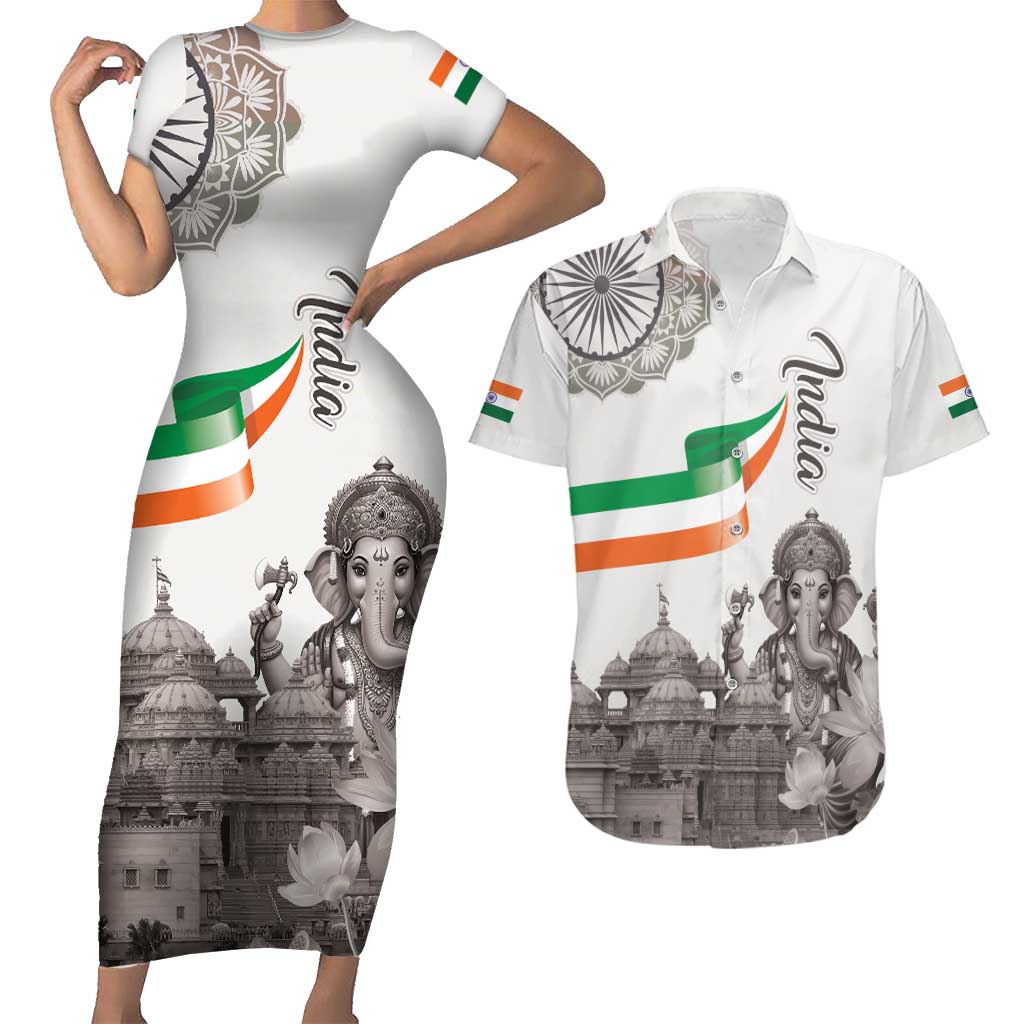 India Ganesha and Akshardham Couples Matching Short Sleeve Bodycon Dress and Hawaiian Shirt Lord Ganpati Lotus Flag Style - Wonder Print Shop