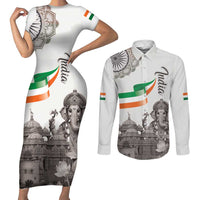 India Ganesha and Akshardham Couples Matching Short Sleeve Bodycon Dress and Long Sleeve Button Shirt Lord Ganpati Lotus Flag Style - Wonder Print Shop