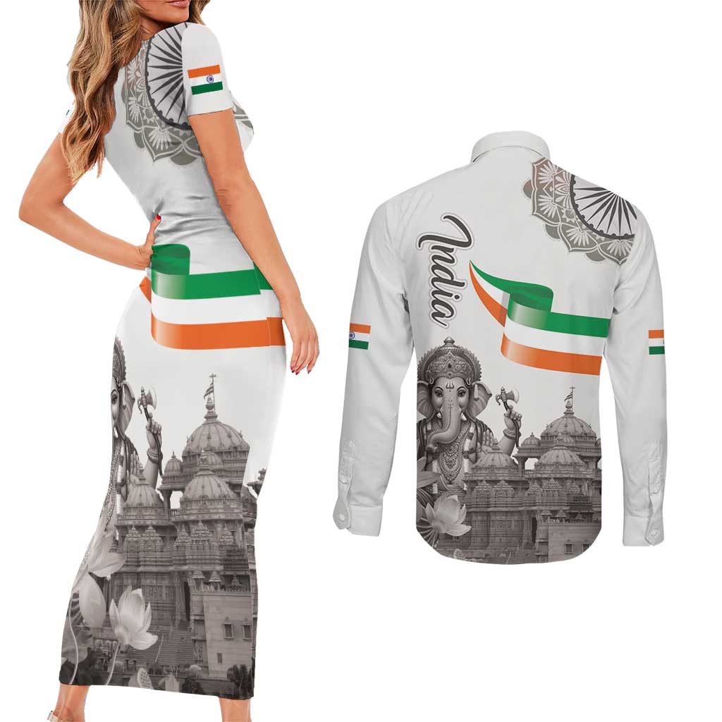 India Ganesha and Akshardham Couples Matching Short Sleeve Bodycon Dress and Long Sleeve Button Shirt Lord Ganpati Lotus Flag Style - Wonder Print Shop