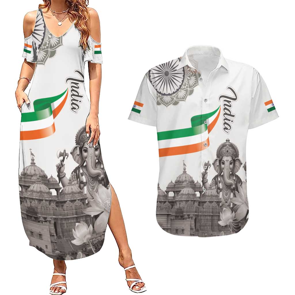 India Ganesha and Akshardham Couples Matching Summer Maxi Dress and Hawaiian Shirt Lord Ganpati Lotus Flag Style - Wonder Print Shop