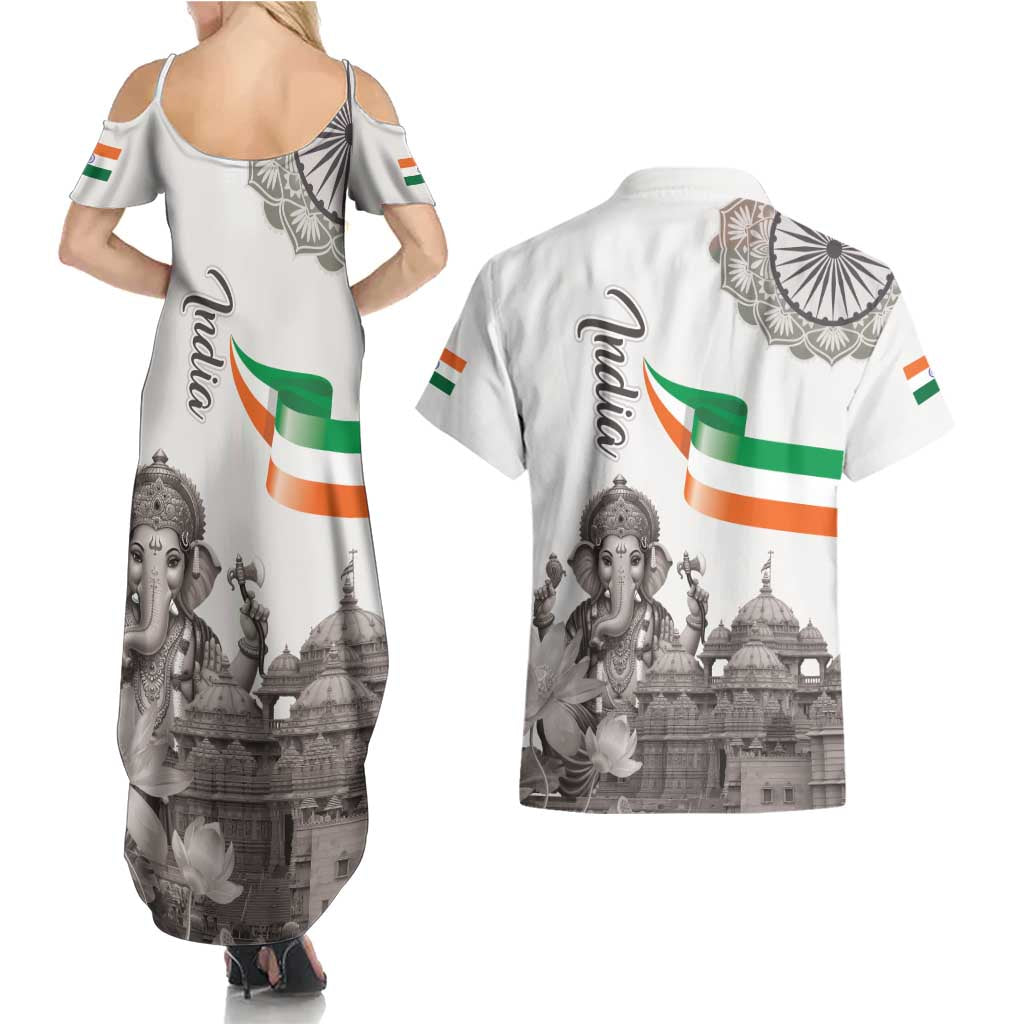 India Ganesha and Akshardham Couples Matching Summer Maxi Dress and Hawaiian Shirt Lord Ganpati Lotus Flag Style - Wonder Print Shop