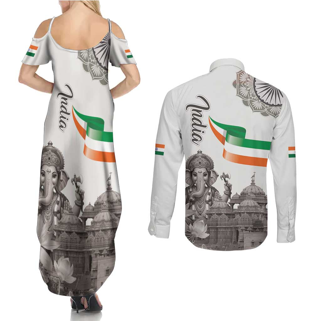 India Ganesha and Akshardham Couples Matching Summer Maxi Dress and Long Sleeve Button Shirt Lord Ganpati Lotus Flag Style - Wonder Print Shop