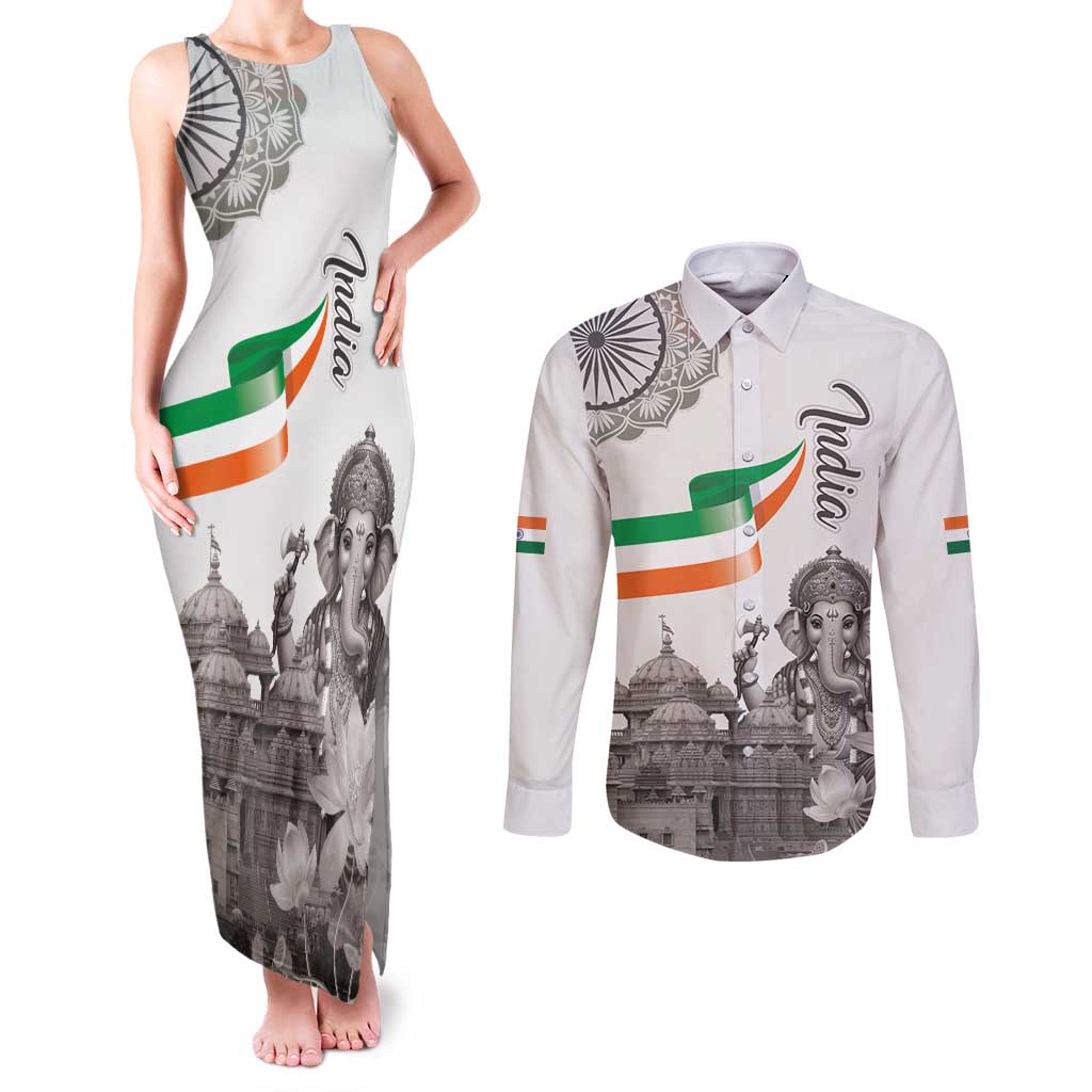 India Ganesha and Akshardham Couples Matching Tank Maxi Dress and Long Sleeve Button Shirt Lord Ganpati Lotus Flag Style - Wonder Print Shop
