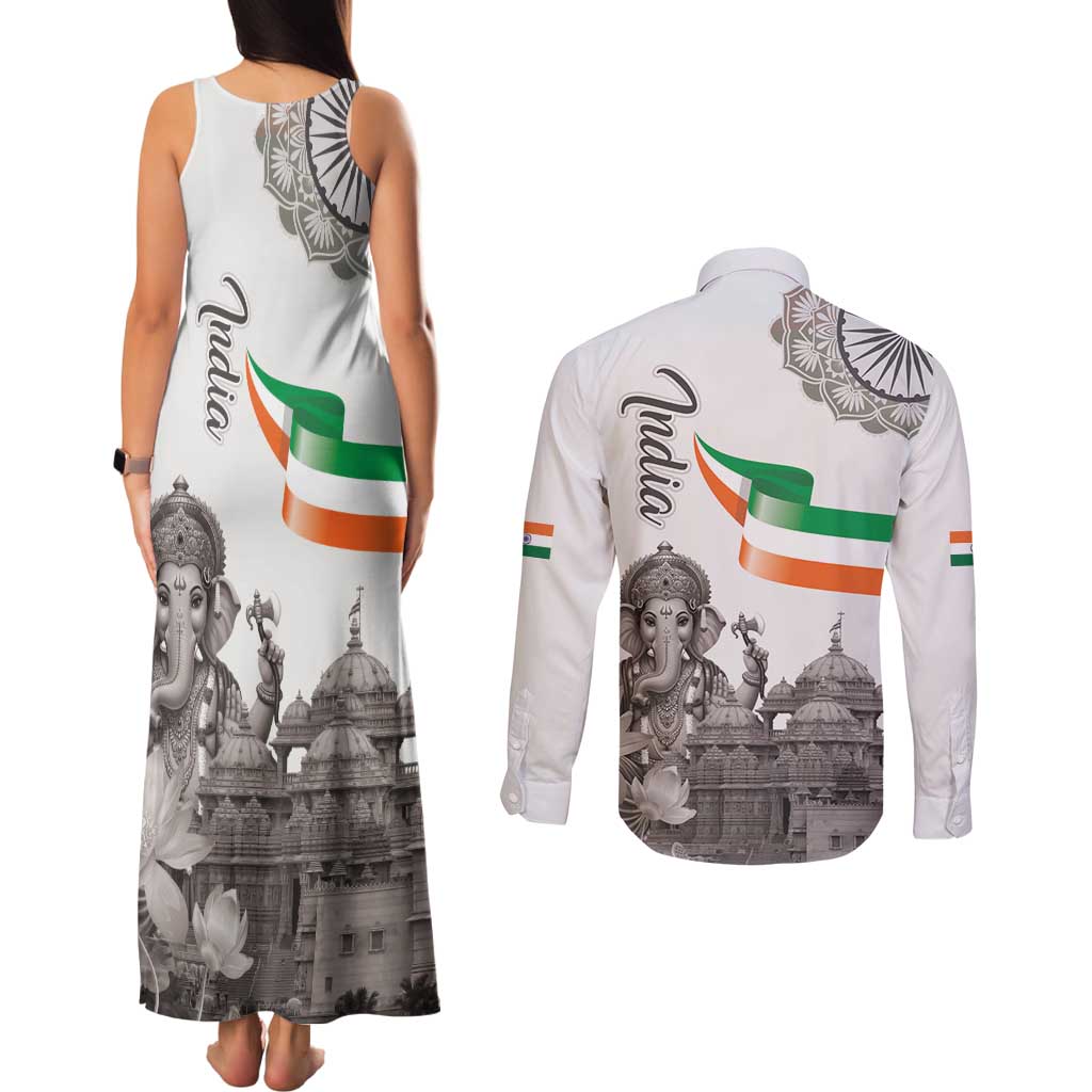 India Ganesha and Akshardham Couples Matching Tank Maxi Dress and Long Sleeve Button Shirt Lord Ganpati Lotus Flag Style - Wonder Print Shop