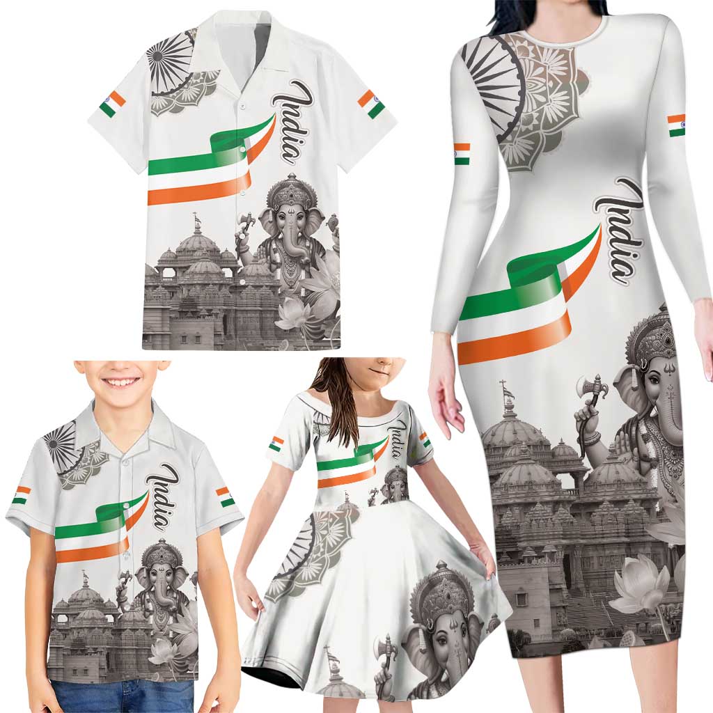 India Ganesha and Akshardham Family Matching Long Sleeve Bodycon Dress and Hawaiian Shirt Lord Ganpati Lotus Flag Style - Wonder Print Shop