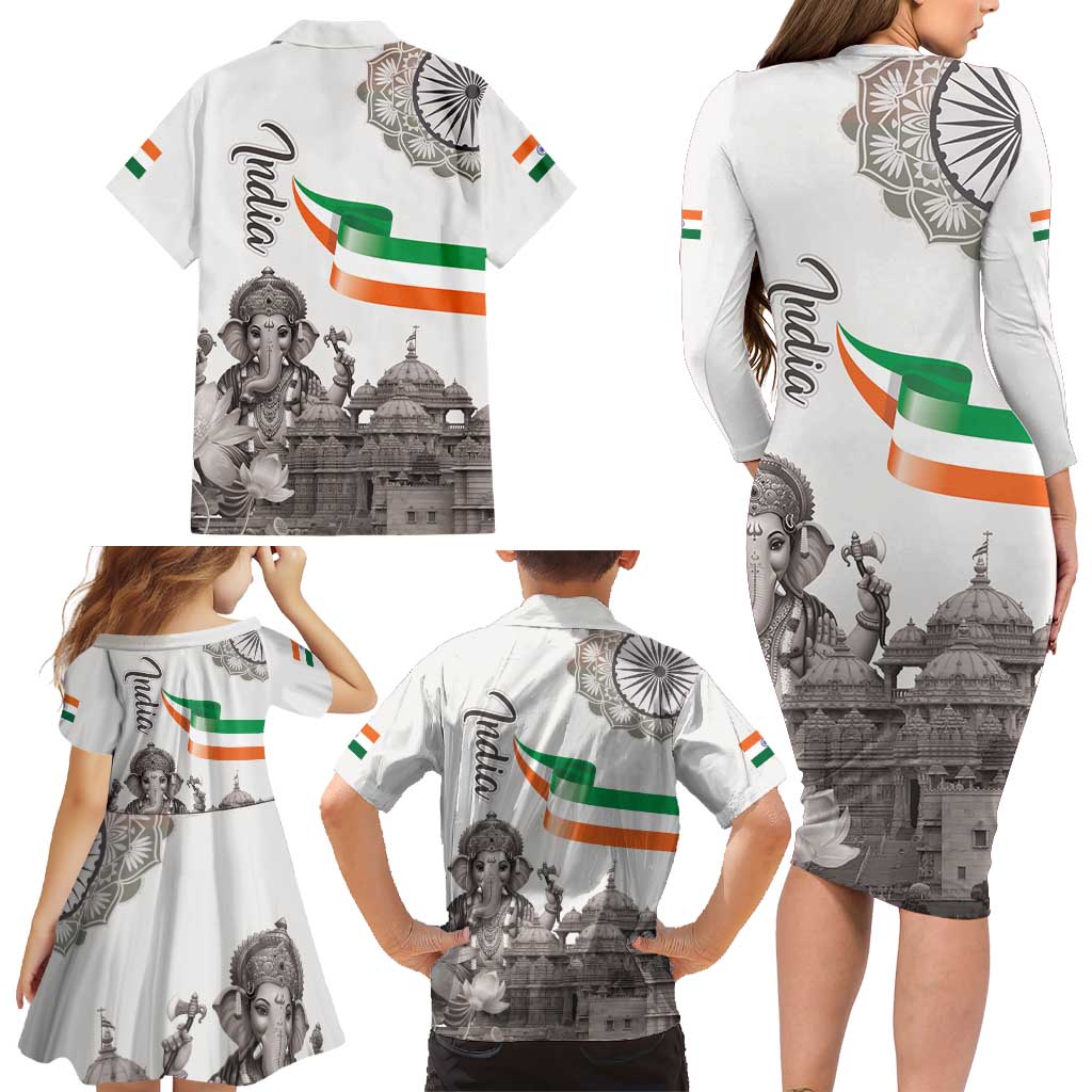 India Ganesha and Akshardham Family Matching Long Sleeve Bodycon Dress and Hawaiian Shirt Lord Ganpati Lotus Flag Style - Wonder Print Shop