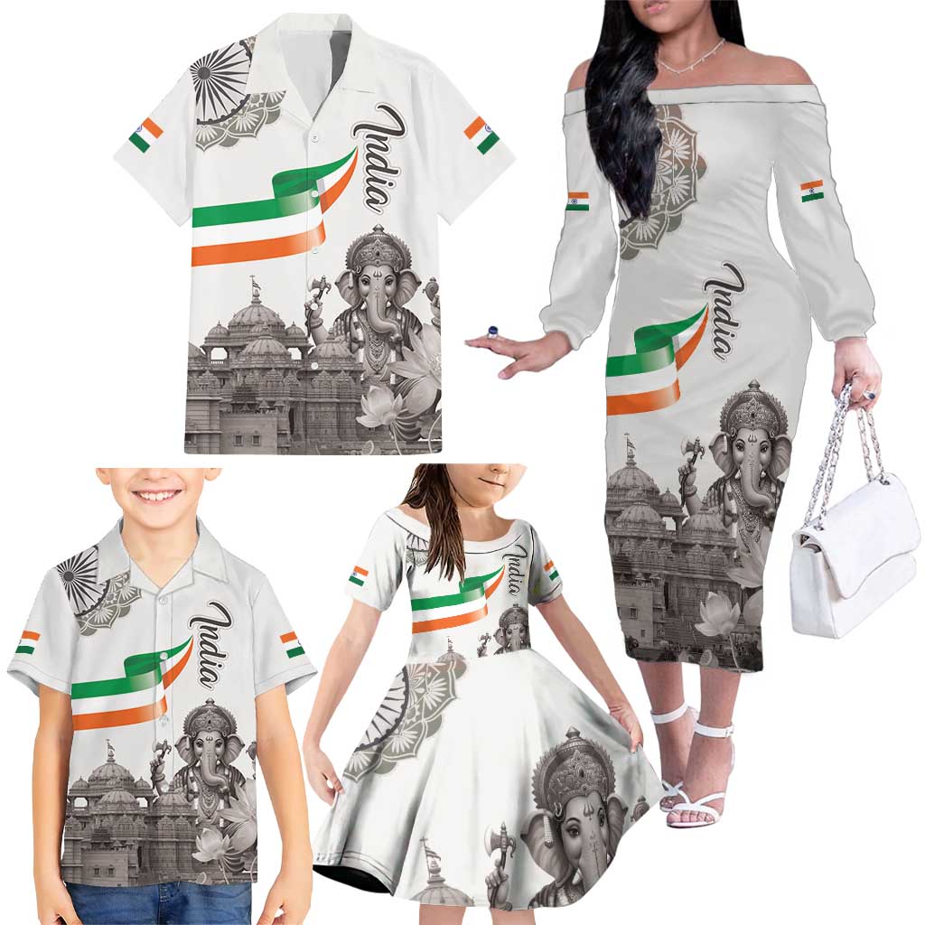 India Ganesha and Akshardham Family Matching Off The Shoulder Long Sleeve Dress and Hawaiian Shirt Lord Ganpati Lotus Flag Style - Wonder Print Shop