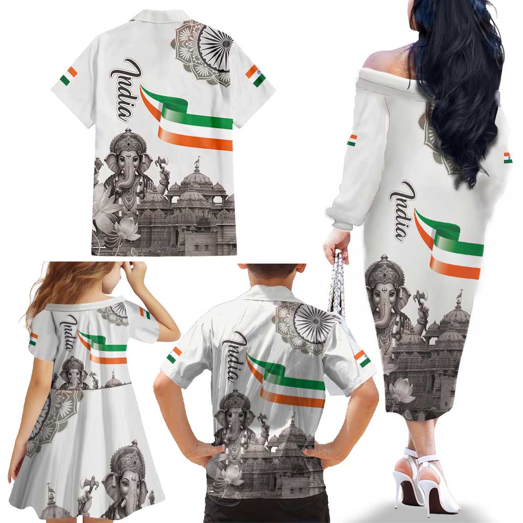 India Ganesha and Akshardham Family Matching Off The Shoulder Long Sleeve Dress and Hawaiian Shirt Lord Ganpati Lotus Flag Style - Wonder Print Shop
