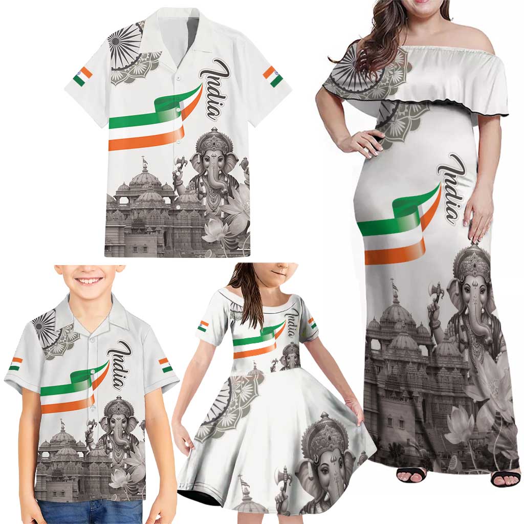 India Ganesha and Akshardham Family Matching Off Shoulder Maxi Dress and Hawaiian Shirt Lord Ganpati Lotus Flag Style - Wonder Print Shop