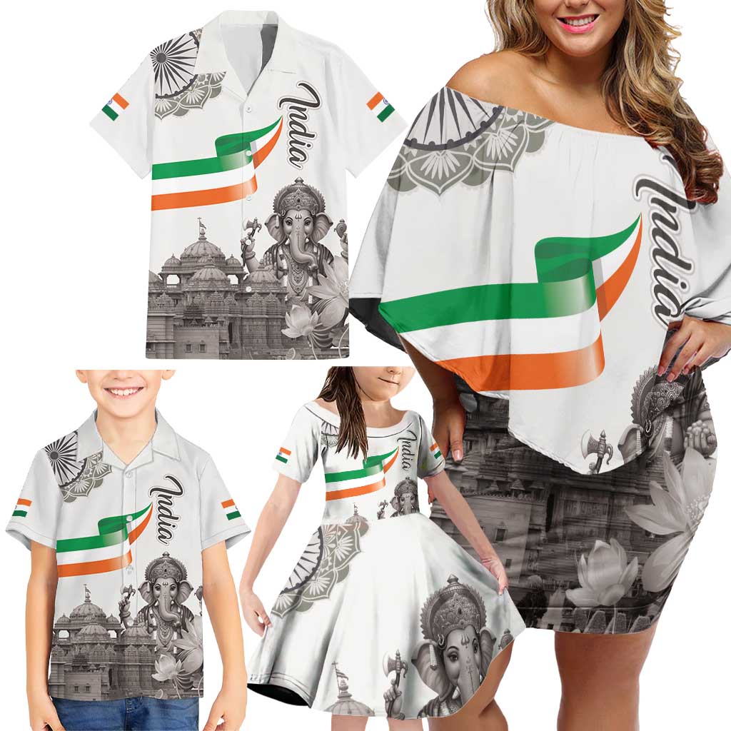 India Ganesha and Akshardham Family Matching Off Shoulder Short Dress and Hawaiian Shirt Lord Ganpati Lotus Flag Style - Wonder Print Shop
