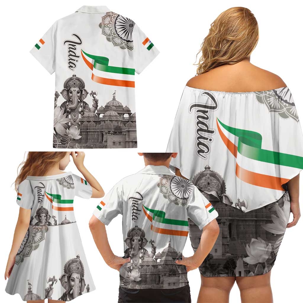 India Ganesha and Akshardham Family Matching Off Shoulder Short Dress and Hawaiian Shirt Lord Ganpati Lotus Flag Style - Wonder Print Shop