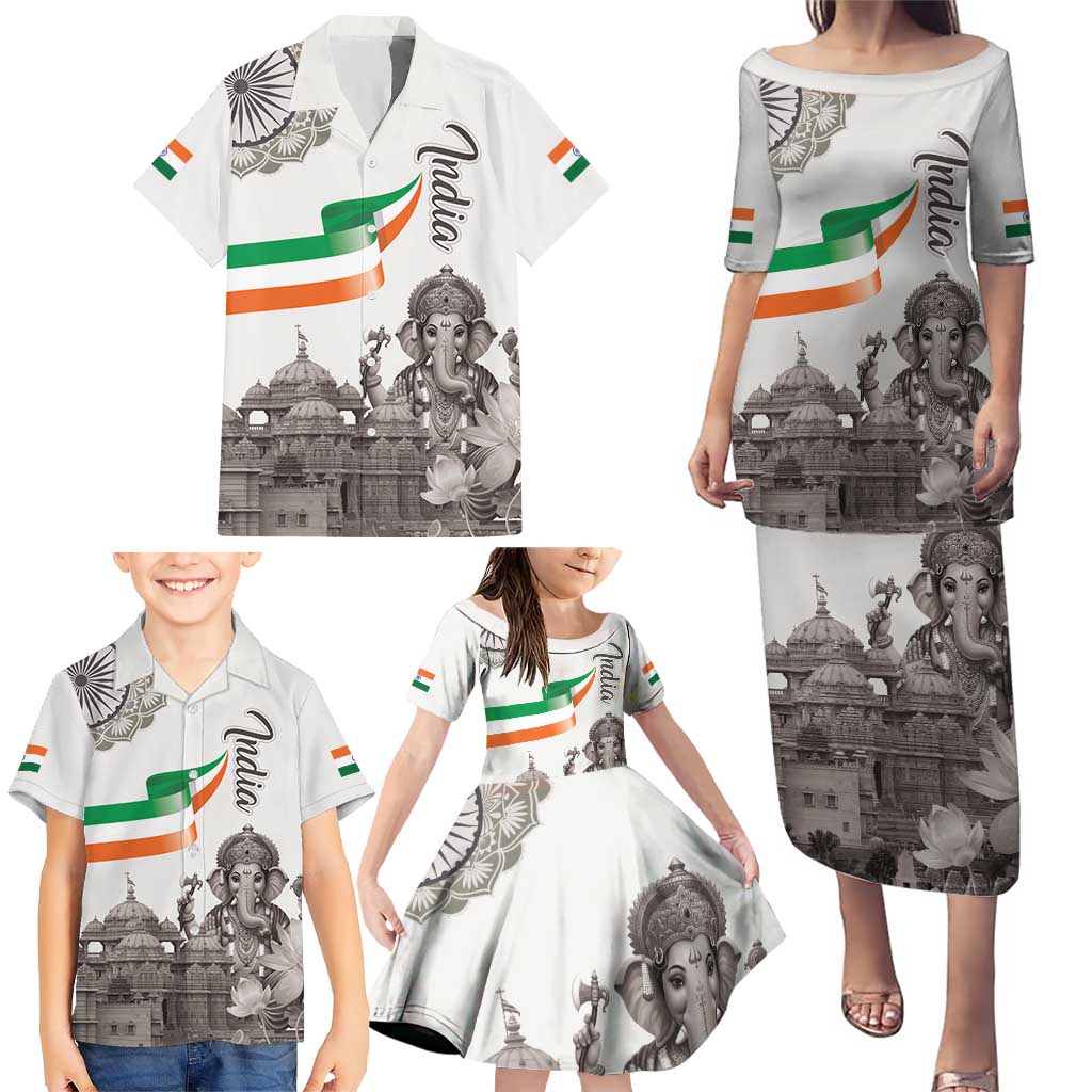 India Ganesha and Akshardham Family Matching Puletasi and Hawaiian Shirt Lord Ganpati Lotus Flag Style - Wonder Print Shop