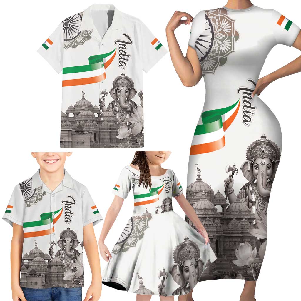 India Ganesha and Akshardham Family Matching Short Sleeve Bodycon Dress and Hawaiian Shirt Lord Ganpati Lotus Flag Style - Wonder Print Shop
