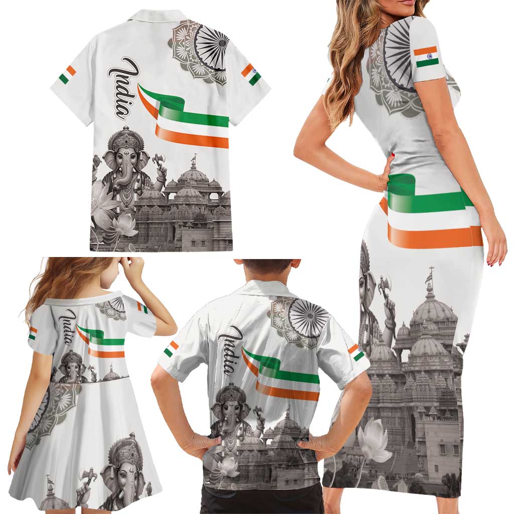 India Ganesha and Akshardham Family Matching Short Sleeve Bodycon Dress and Hawaiian Shirt Lord Ganpati Lotus Flag Style - Wonder Print Shop