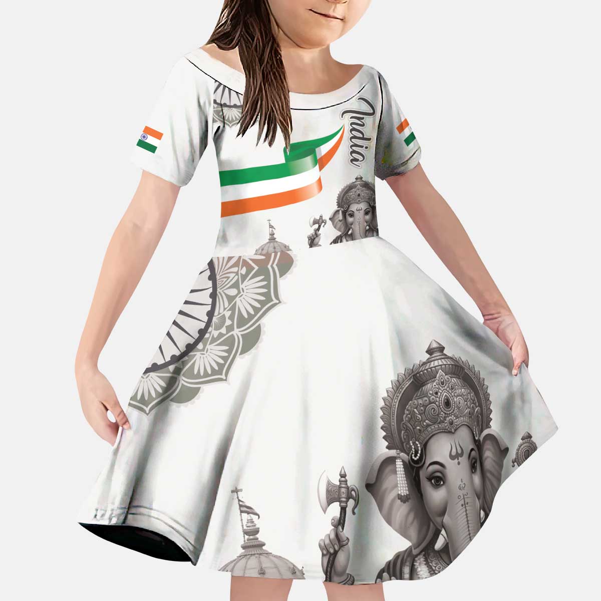 India Ganesha and Akshardham Kid Short Sleeve Dress Lord Ganpati Lotus Flag Style - Wonder Print Shop