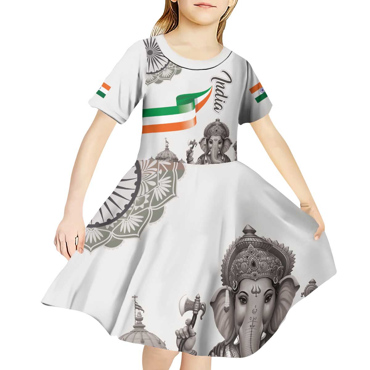 India Ganesha and Akshardham Kid Short Sleeve Dress Lord Ganpati Lotus Flag Style - Wonder Print Shop