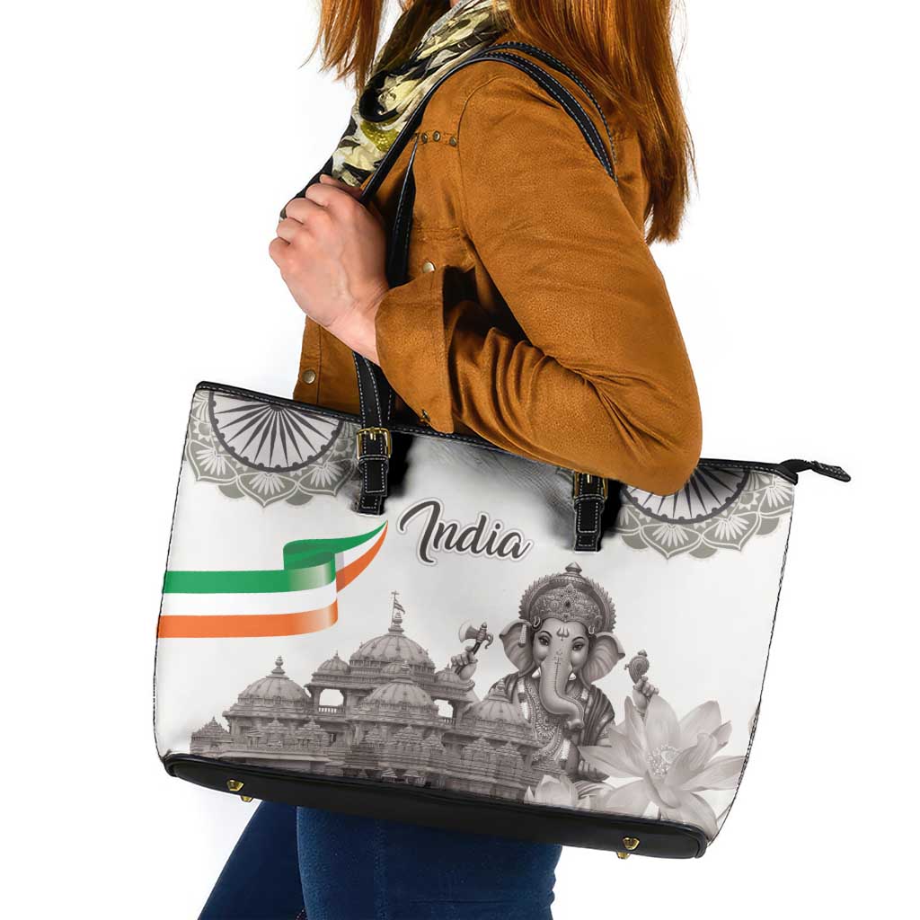 India Ganesha and Akshardham Leather Tote Bag Lord Ganpati Lotus Flag Style - Wonder Print Shop