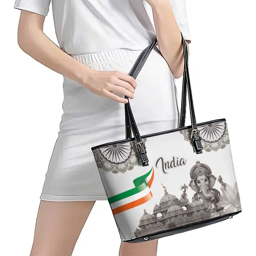 India Ganesha and Akshardham Leather Tote Bag Lord Ganpati Lotus Flag Style - Wonder Print Shop