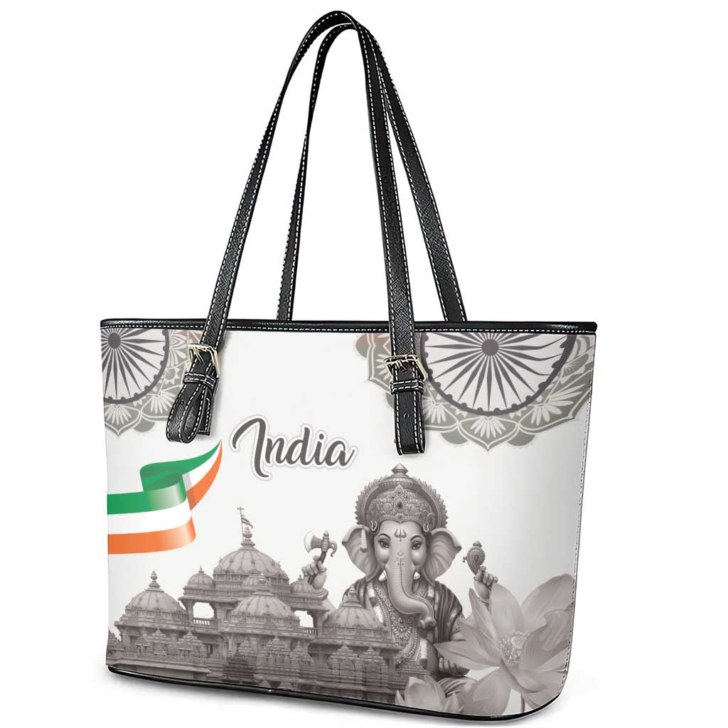 India Ganesha and Akshardham Leather Tote Bag Lord Ganpati Lotus Flag Style - Wonder Print Shop