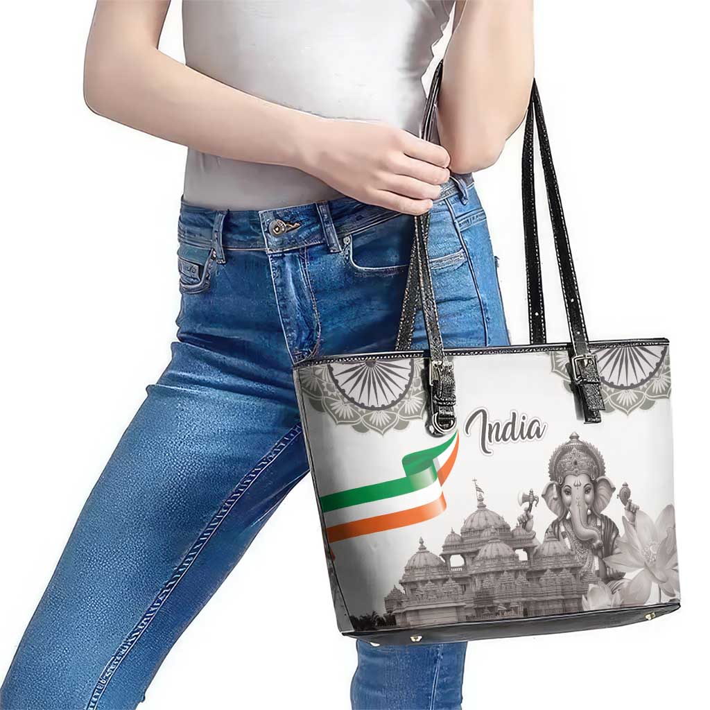 India Ganesha and Akshardham Leather Tote Bag Lord Ganpati Lotus Flag Style - Wonder Print Shop