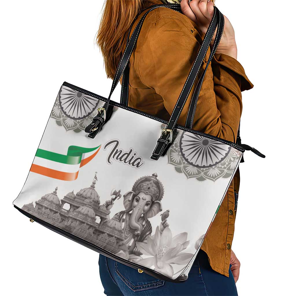 India Ganesha and Akshardham Leather Tote Bag Lord Ganpati Lotus Flag Style - Wonder Print Shop