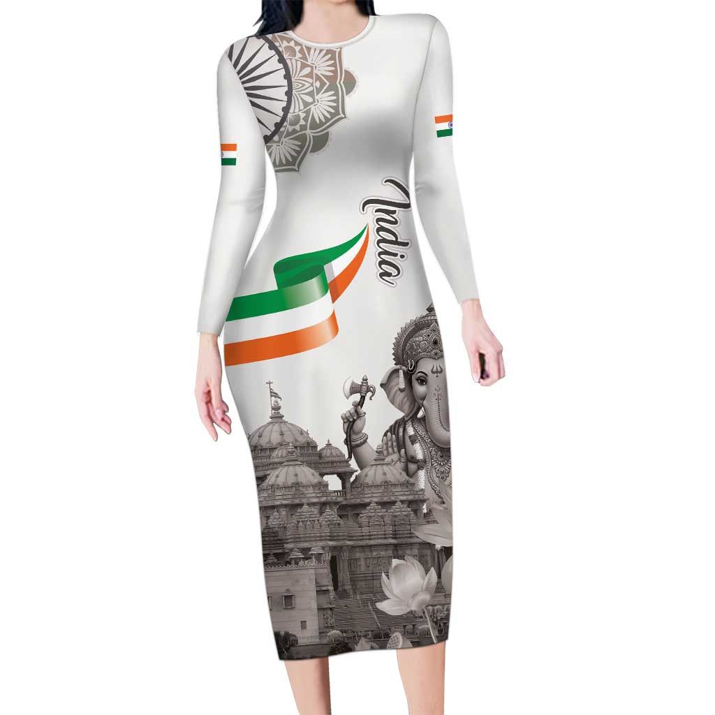 India Ganesha and Akshardham Long Sleeve Bodycon Dress Lord Ganpati Lotus Flag Style - Wonder Print Shop
