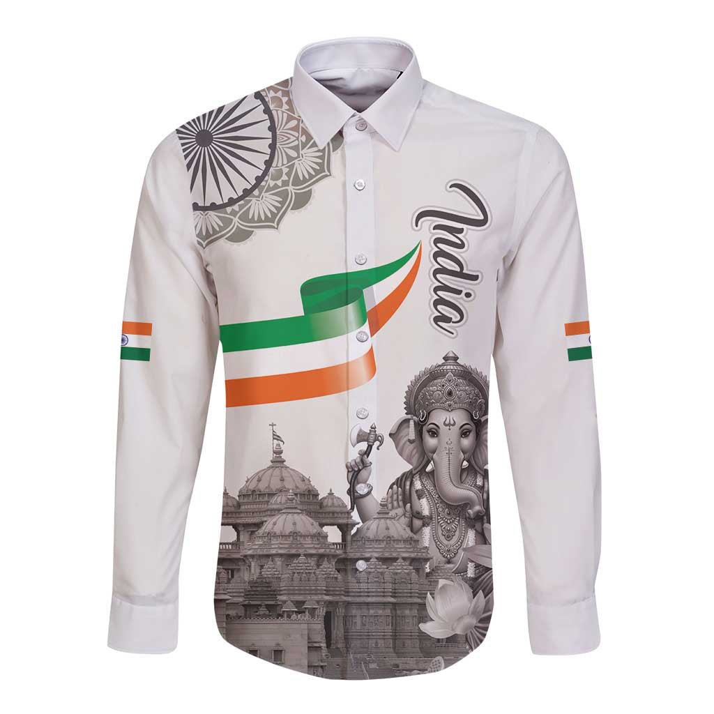 India Ganesha and Akshardham Long Sleeve Button Shirt Lord Ganpati Lotus Flag Style - Wonder Print Shop
