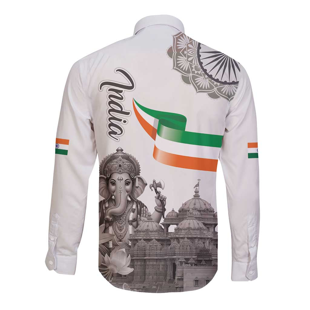 India Ganesha and Akshardham Long Sleeve Button Shirt Lord Ganpati Lotus Flag Style - Wonder Print Shop