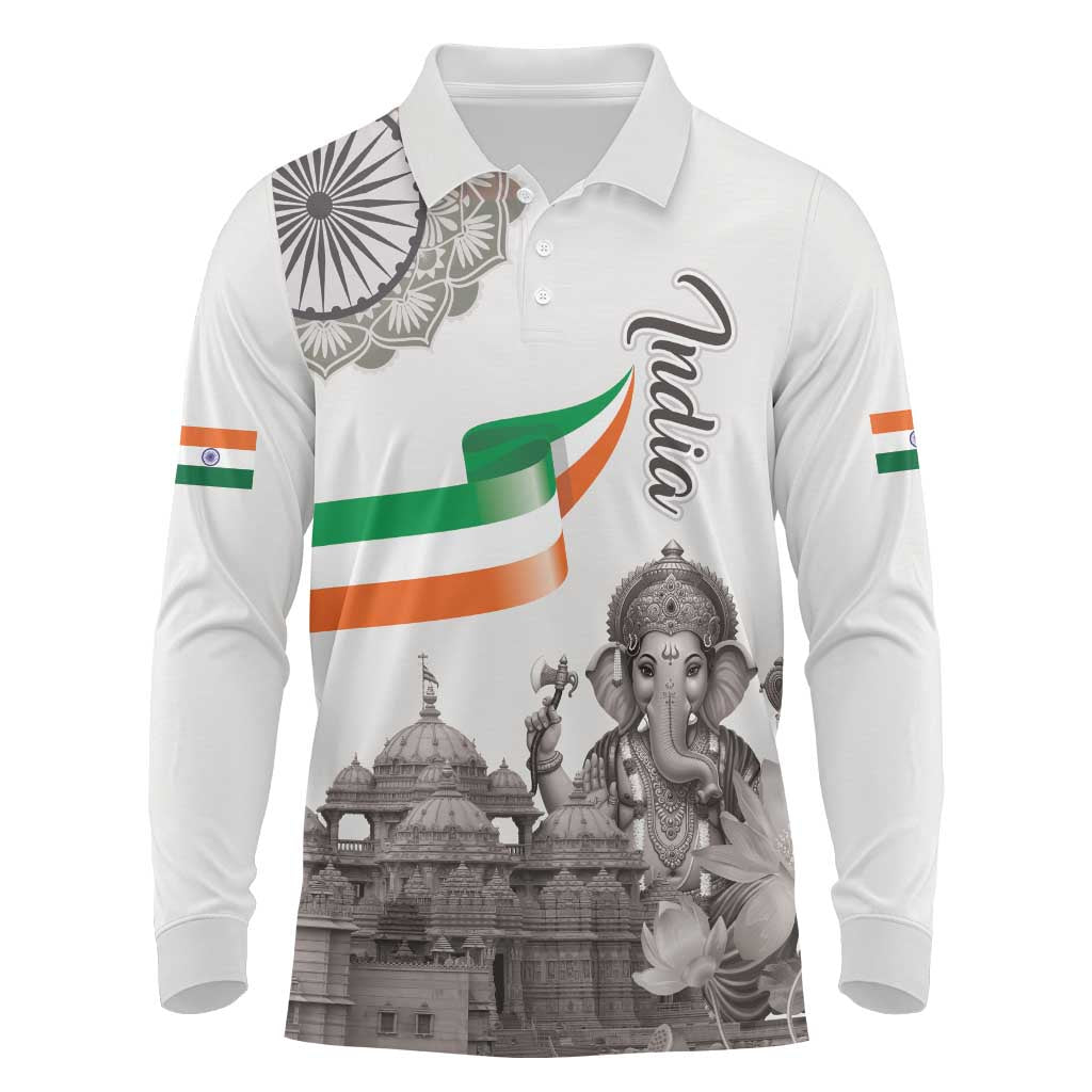 India Ganesha and Akshardham Long Sleeve Polo Shirt Lord Ganpati Lotus Flag Style - Wonder Print Shop