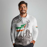India Ganesha and Akshardham Long Sleeve Polo Shirt Lord Ganpati Lotus Flag Style - Wonder Print Shop