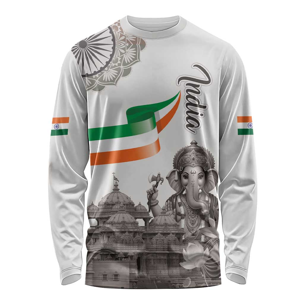 India Ganesha and Akshardham Long Sleeve Shirt Lord Ganpati Lotus Flag Style - Wonder Print Shop