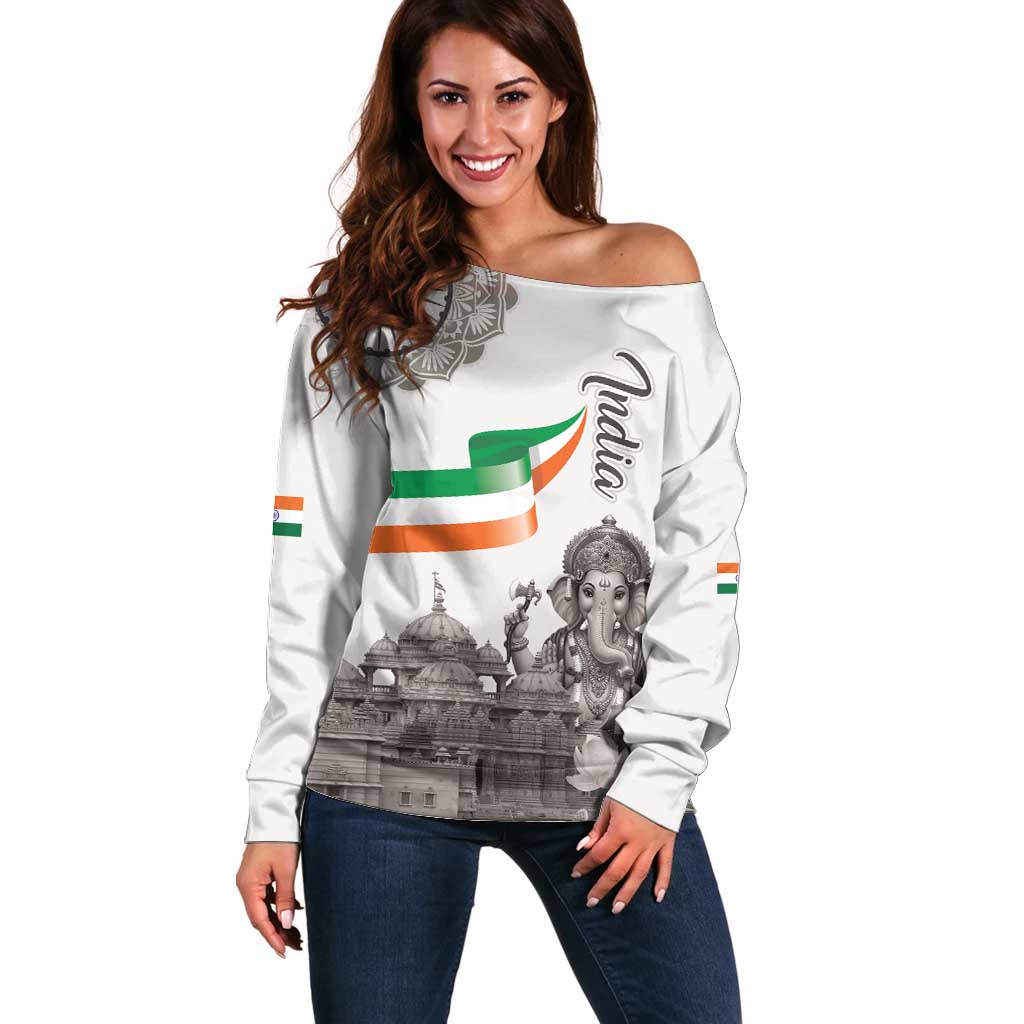 India Ganesha and Akshardham Off Shoulder Sweater Lord Ganpati Lotus Flag Style - Wonder Print Shop