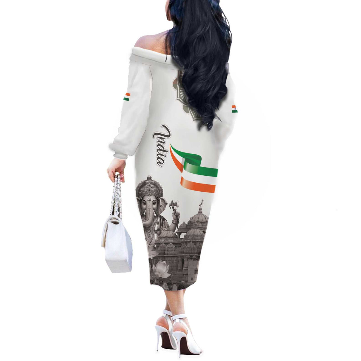 India Ganesha and Akshardham Off The Shoulder Long Sleeve Dress Lord Ganpati Lotus Flag Style - Wonder Print Shop