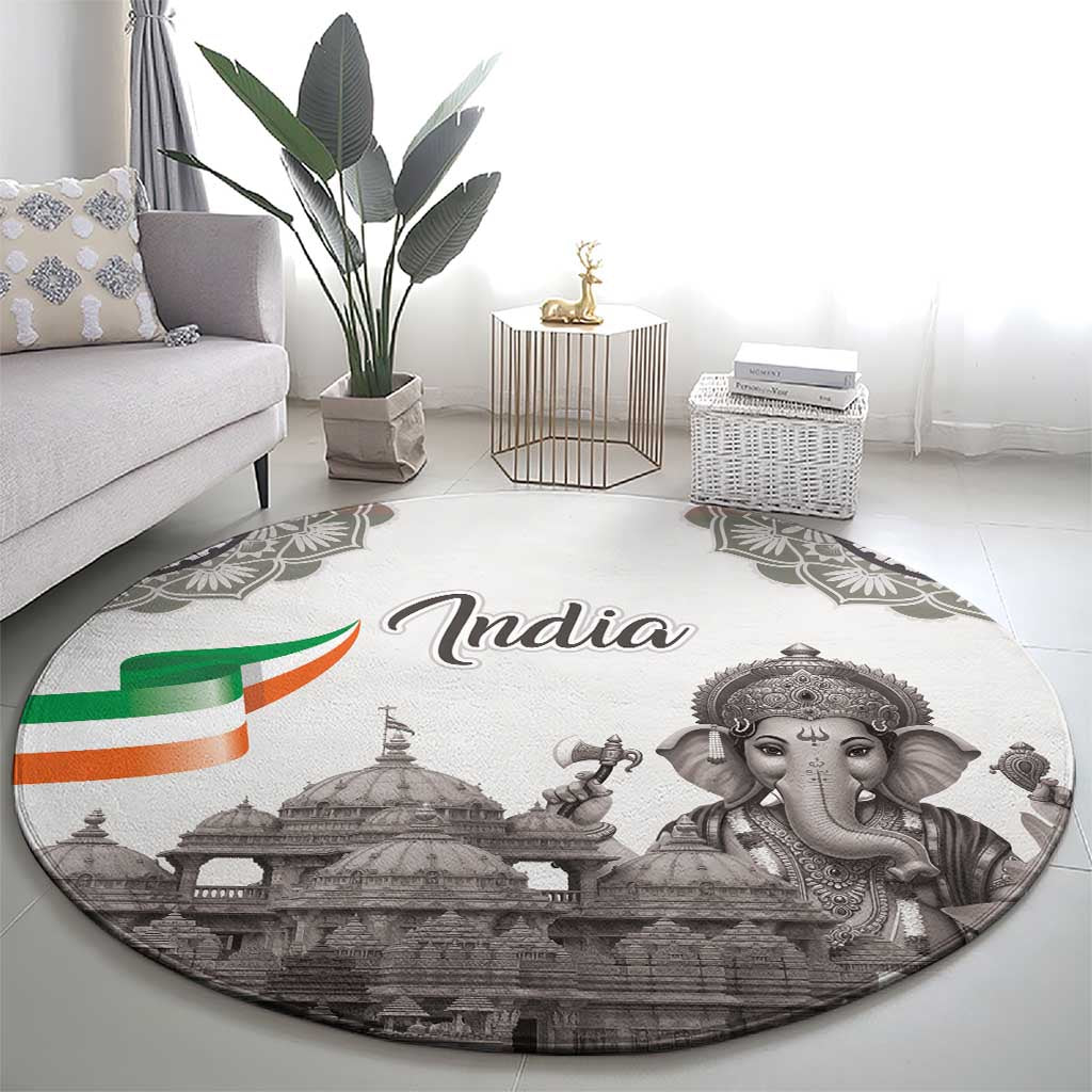 India Ganesha and Akshardham Round Carpet Lord Ganpati Lotus Flag Style - Wonder Print Shop