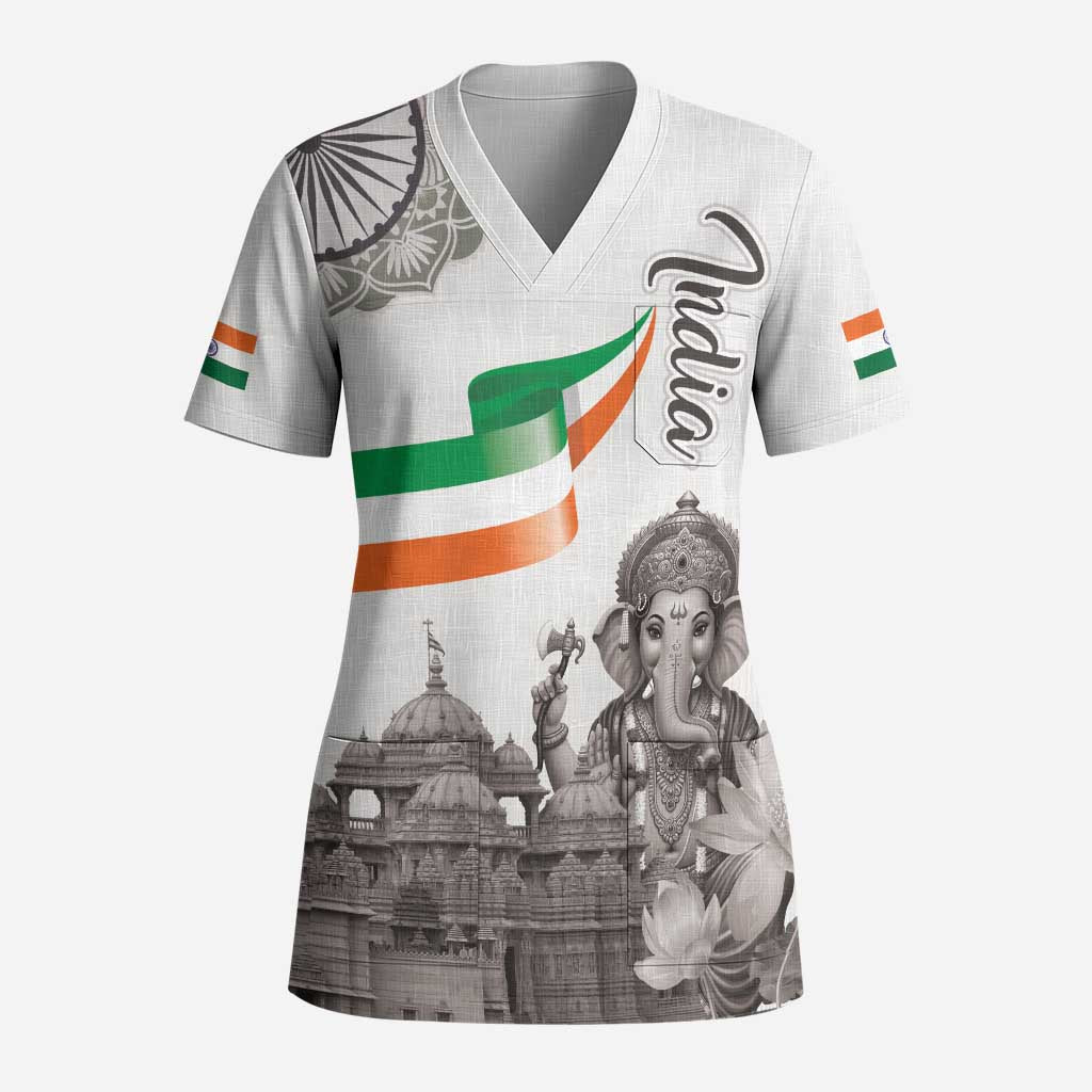 India Ganesha and Akshardham Scrub Top Lord Ganpati Lotus Flag Style - Wonder Print Shop