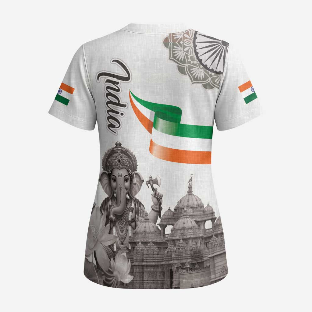 India Ganesha and Akshardham Scrub Top Lord Ganpati Lotus Flag Style - Wonder Print Shop