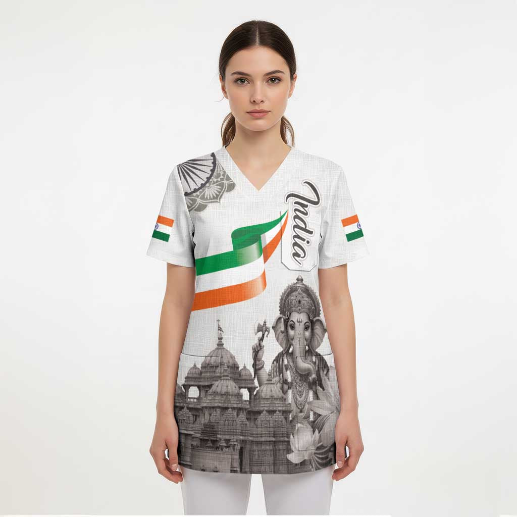 India Ganesha and Akshardham Scrub Top Lord Ganpati Lotus Flag Style - Wonder Print Shop