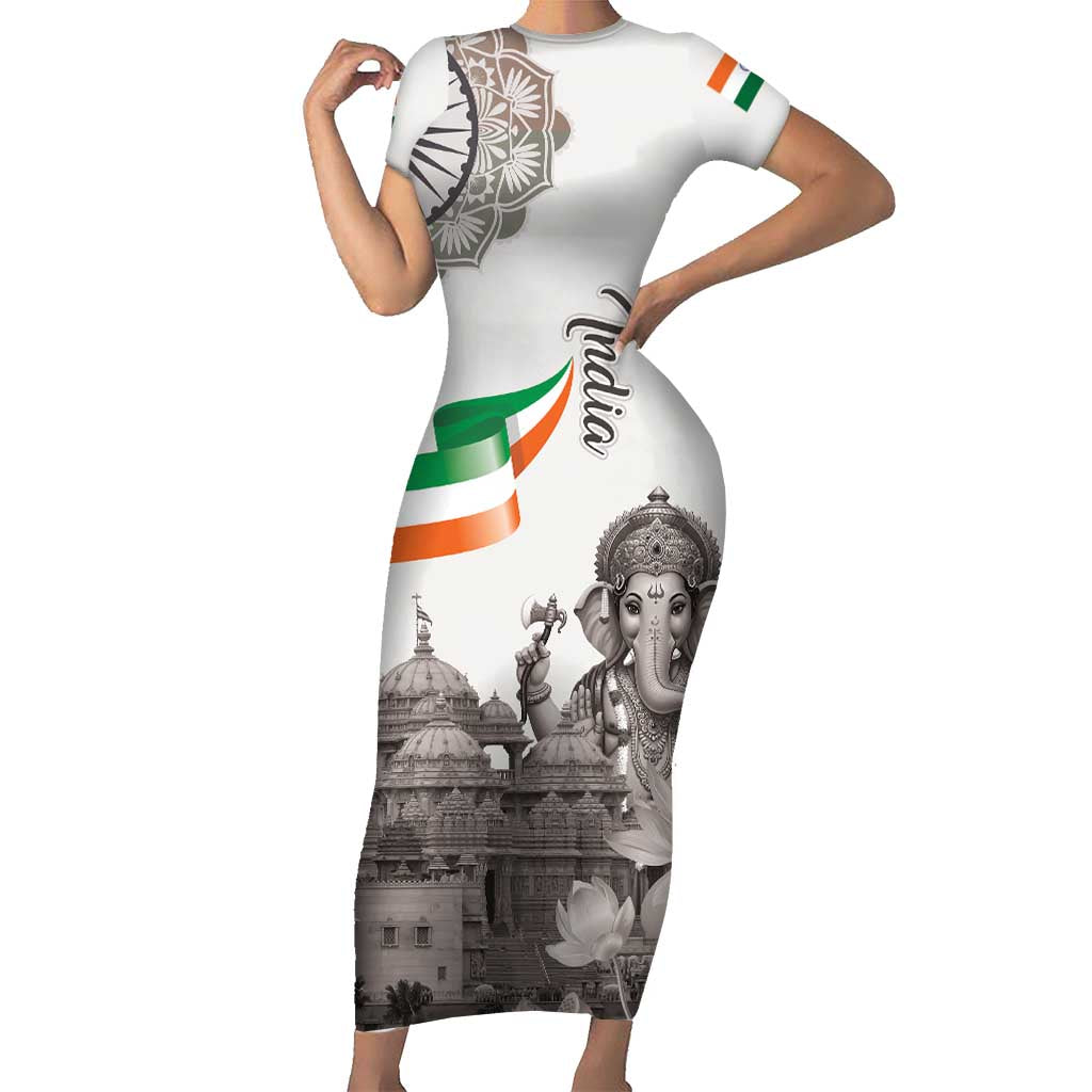 India Ganesha and Akshardham Short Sleeve Bodycon Dress Lord Ganpati Lotus Flag Style - Wonder Print Shop